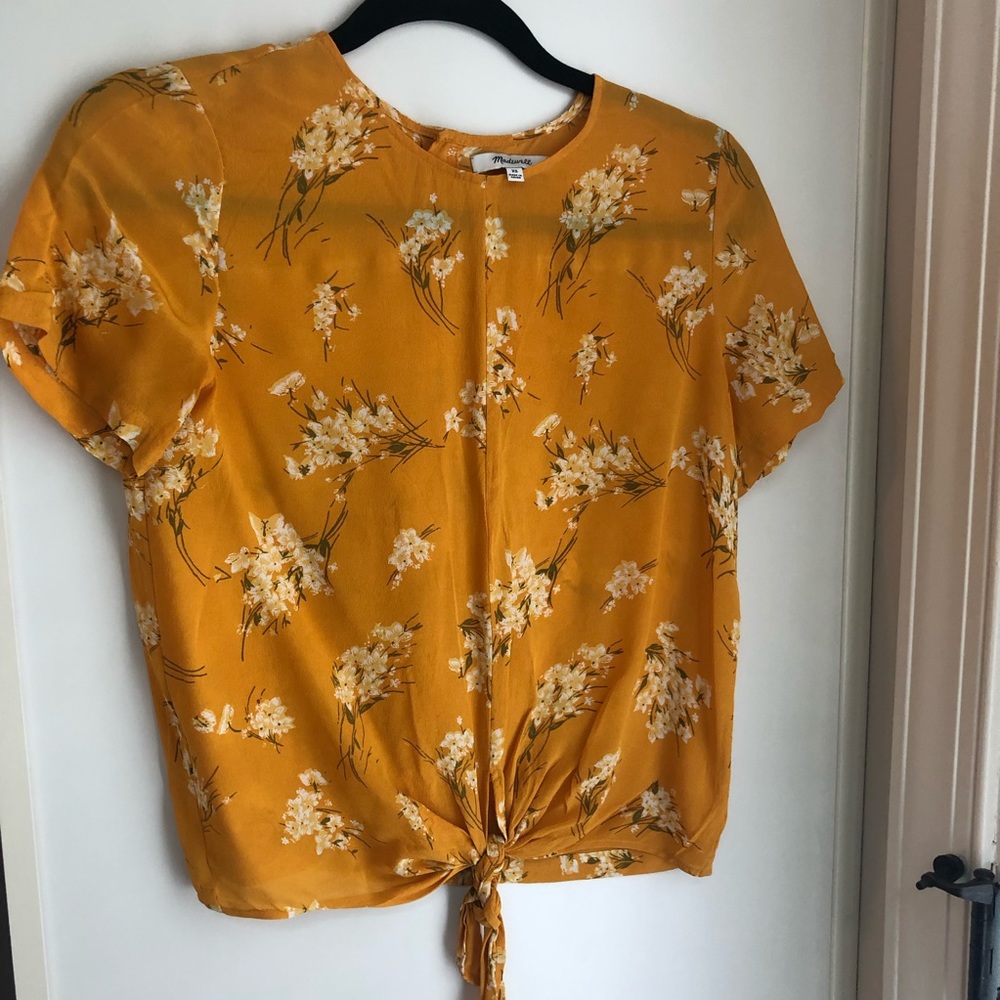 Madewell Mustard Yellow Floral Tie-Front Blouse